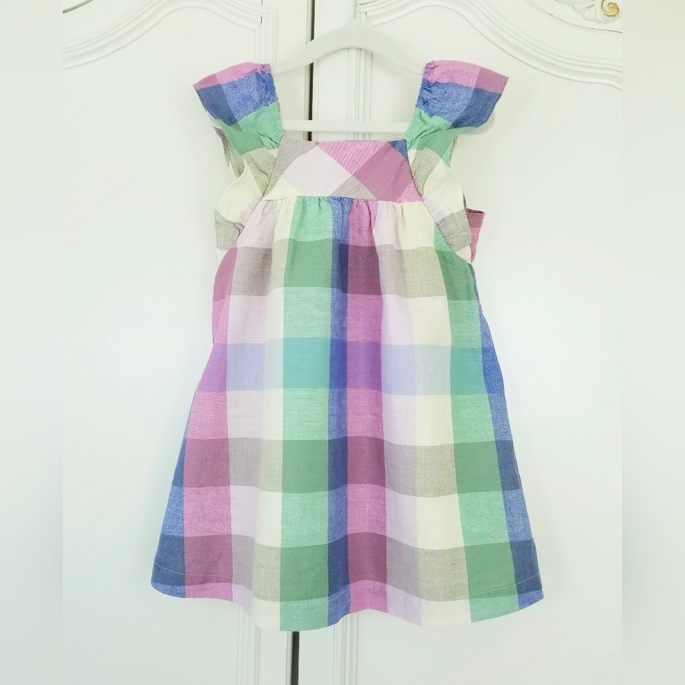 Gap Multicolor Check Linen Blend A Line Flutter Sleeve Dress Girls 3T NWT